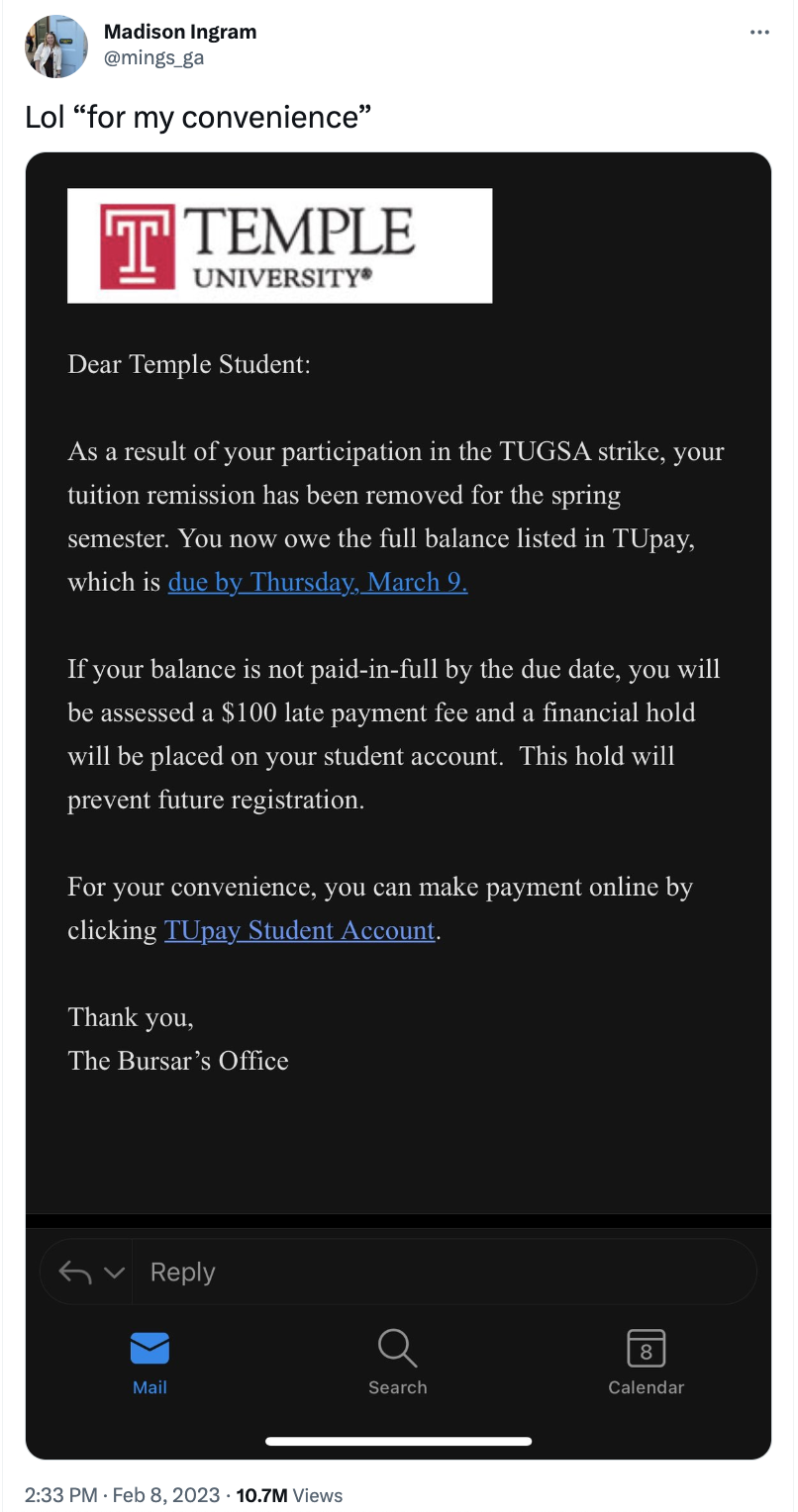 Student faces retaliation for participating in strikes at Temple University